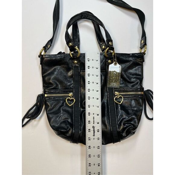 Vintage Coach Black Patent Leather Poppy Daisy Liquid Glass Heart Zipper Bag EUC - Picture 7 of 15